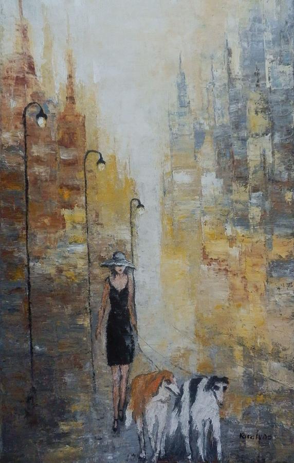 Abstract Painting - A woman and her dogs by Maria Karalyos