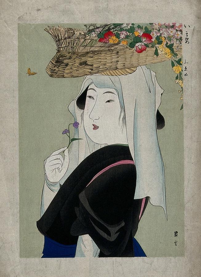 A woman as Ohara-me, of the Ohara village outside Kyoto, who carries a load of cut flowers on her he Painting by Artistic Rifki