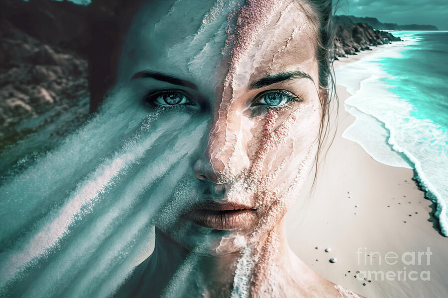 A woman face is merged with a coastal beach scene Digital Art by Odon Czintos