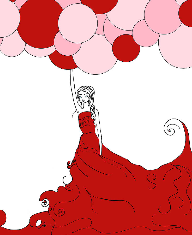 A woman in a flowy red dress holding onto a bunch of balloons Drawing by Christa Howard