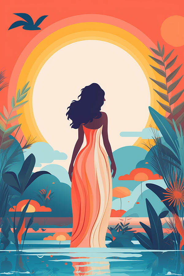 Sunset Digital Art - A woman in a long, flowing dress stands by the waters edge, with her back to the viewer, looking ou by Vidddie Publyshd