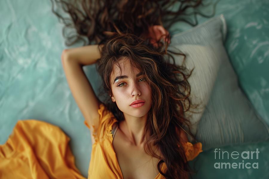 A woman lying on a bed while her hair is being blown by the wind. Photograph by Joaquin Corbalan