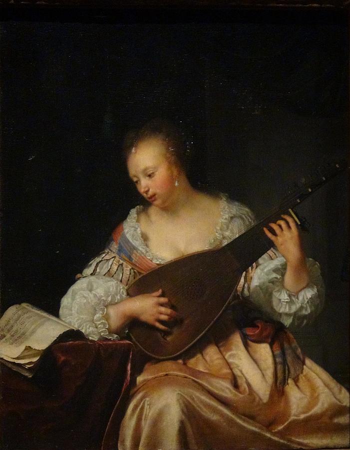 A Woman Playing a Lute Francais La Joueuse de theorbe Painting by ...