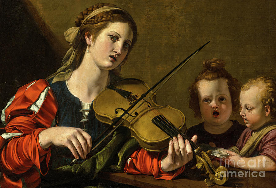 A woman playing the violin with two children singing Painting by Nicolas Tournier
