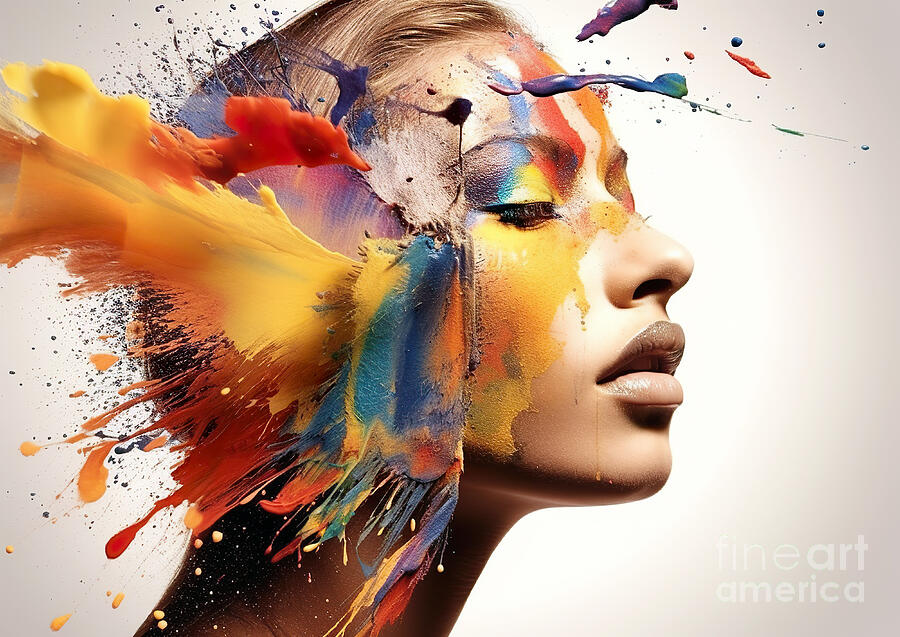 Woman Digital Art - A woman profile is adorned with vibrant multicoloured splashes of paint on her face by Odon Czintos