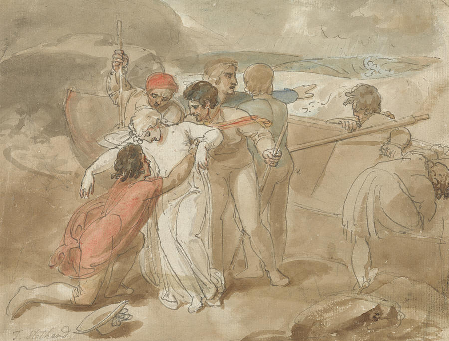 A Woman Rescued from the Sea and Assisted Ashore Drawing by Thomas Stothard
