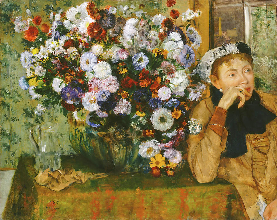 A Woman Seated Beside A Vase Of Flowers Painting