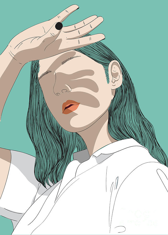 A Woman Shading With Her Hand - Line Art Graphic Illustration Artwork Digital Art by Sambel Pedes