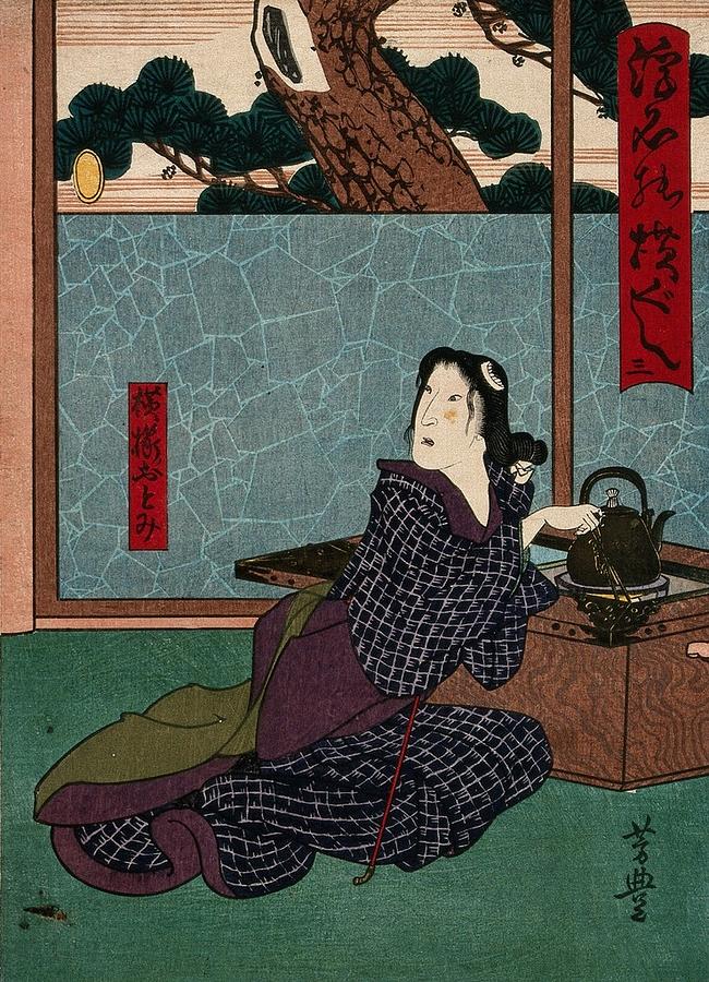 A woman tending a kettle. Colour woodcut by Yoshitoyo, early 1860s Painting by Artistic Rifki