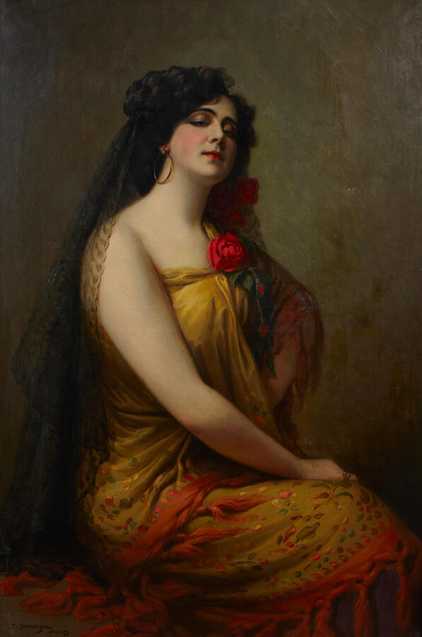 A woman with dark hair adorned with lace sits elegantly, draped in a luxurious golden gown patterned Painting by MotionAge Designs
