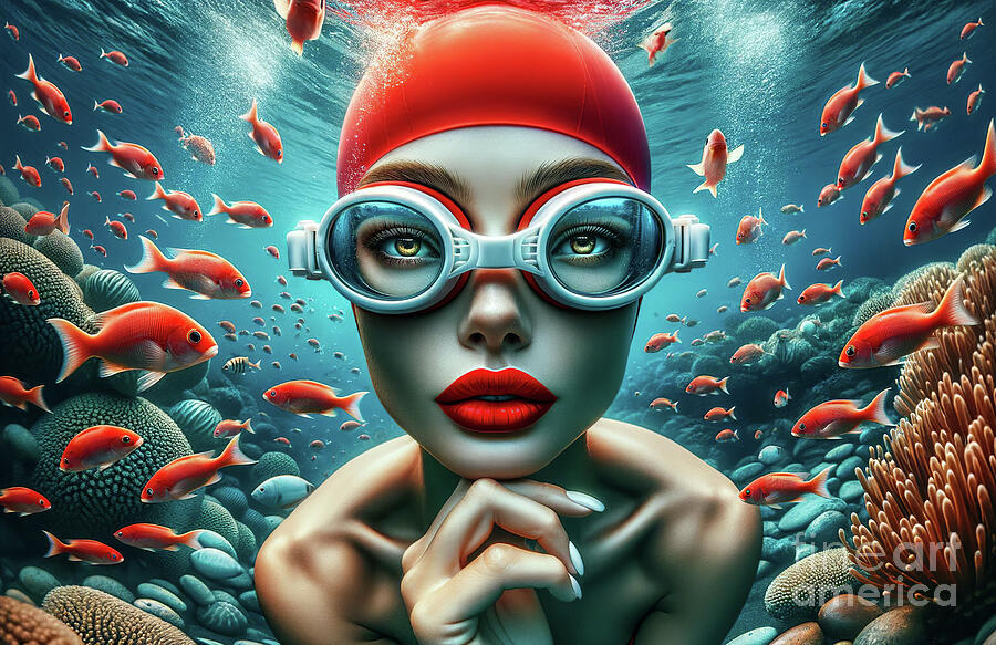 A woman with exaggerated features is depicted swimming underwater Digital Art by Odon Czintos
