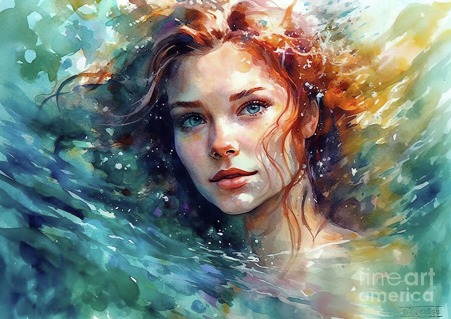 A woman with striking features emerges from a vibrant swirl of blue and green hues that suggest wate Digital Art by Odon Czintos