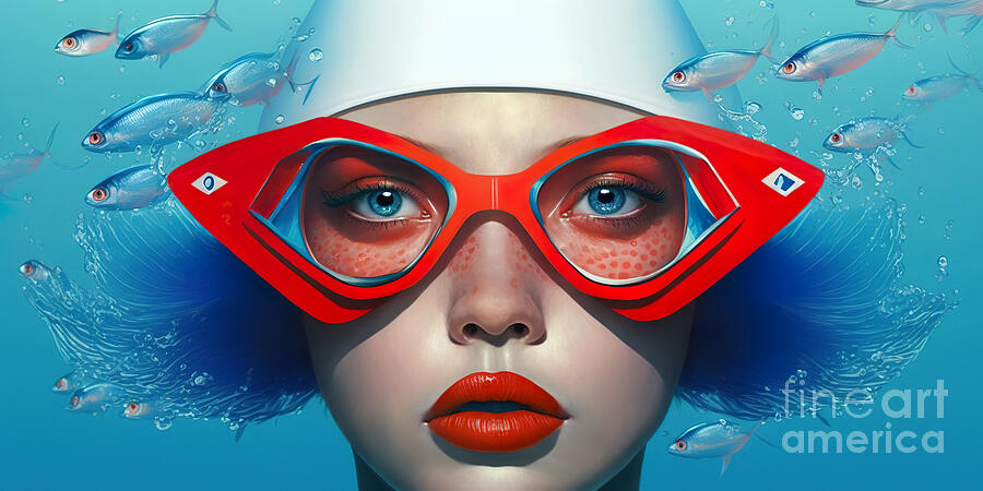 A woman with striking red lips and futuristic red sunglasses is submerged in water Digital Art by Odon Czintos