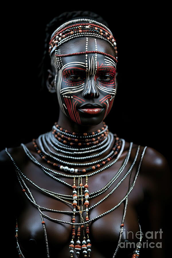 A woman with striking traditional face paint and elaborate bead necklaces poses against Digital Art by Odon Czintos
