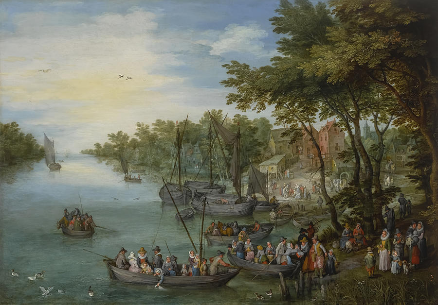 Genesis Painting - A Wooded River Landscape with a Landing Stage by Jan Brueghel the Elder