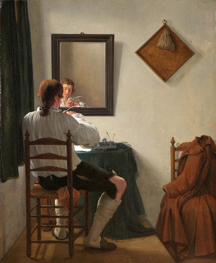 A Writer Trimming his Pen Painting by Jan Ekels the Younger