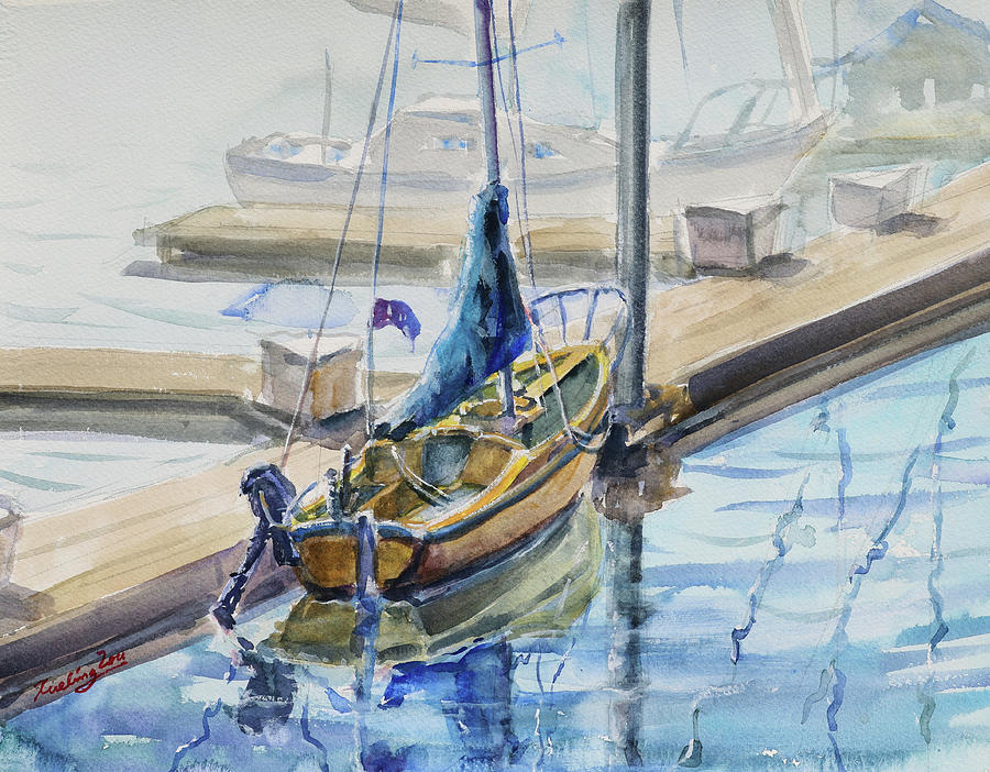 A Yellow Sailboat at Coyote Point Marina California Painting by Xueling Zou