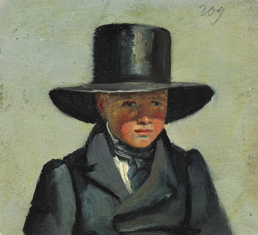 A young boy wearing a large hat Painting by Julius Friedlaender