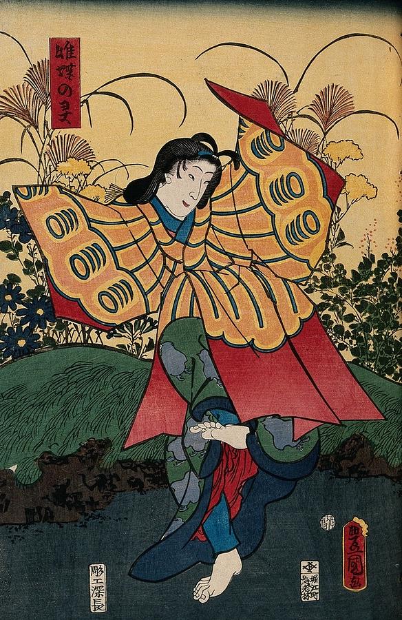 A young female role actor performing a butterfly dance. Colour woodcut by Kunisada, 1860.. Painting by Artistic Rifki