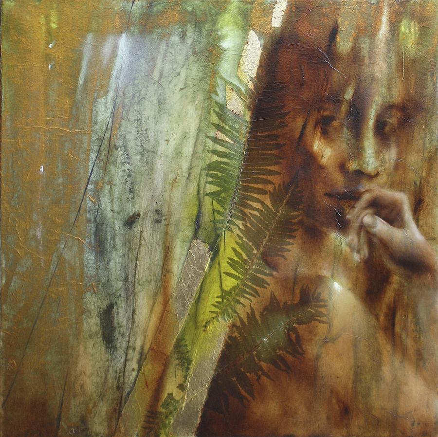 A young girl and farn leaves Painting by Annette Schmucker