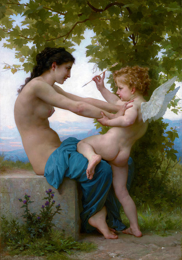 A Young Girl Defending Herself Against Eros, circa 1880 Painting by William-Adolphe Bouguereau