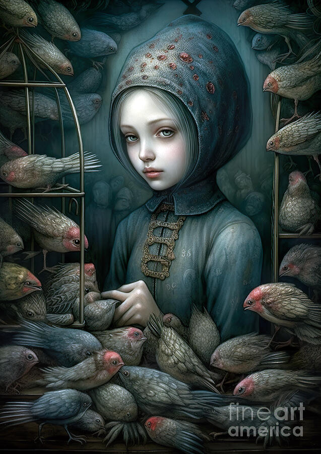 A young girl with a somber expression wearing a hooded garment is surrounded by numerous Digital Art by Odon Czintos