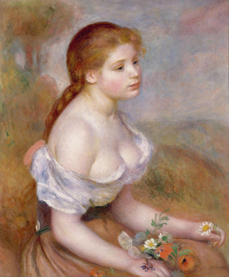 A Young Girl with Daisies, 1889 Painting by Auguste Renoir