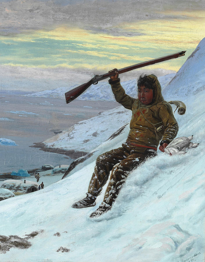 A young Greenlandic grouse hunter is sliding down the mountain Painting by Carl Rasmussen