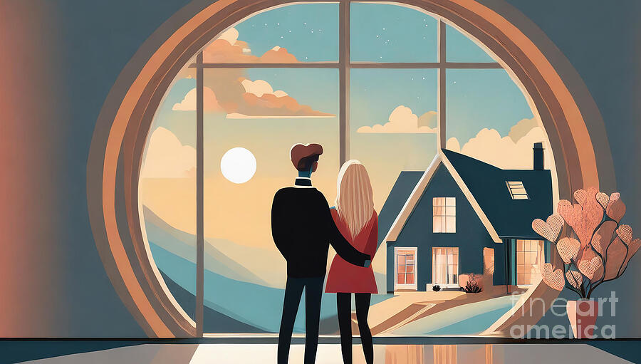 A Young Loving Couple Stands Near The Window And Enjoys The View From Their New Home Digital Art
