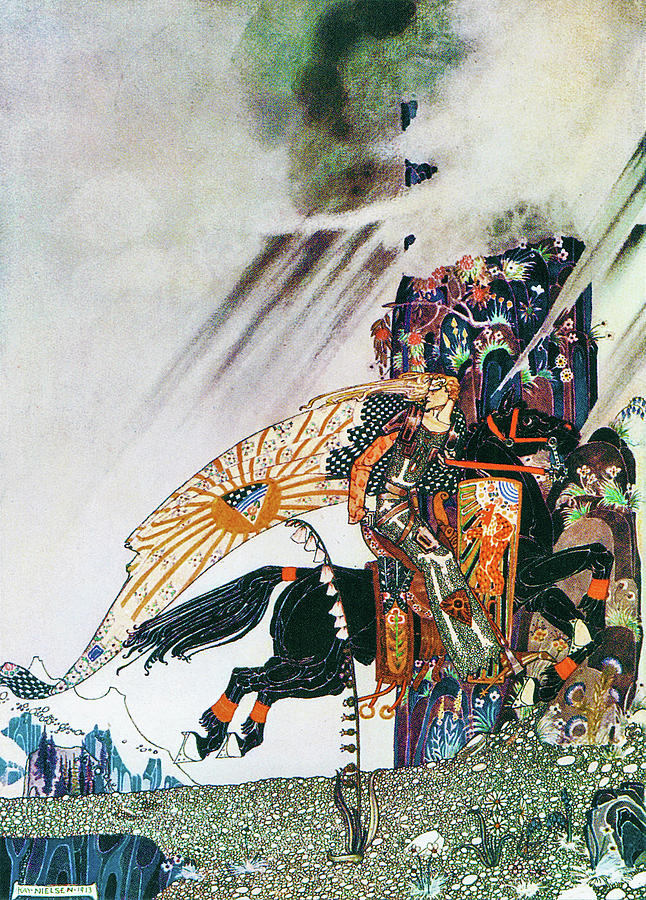 A young man and a black horse running away from Trolls residence Painting by Kay Nielsen