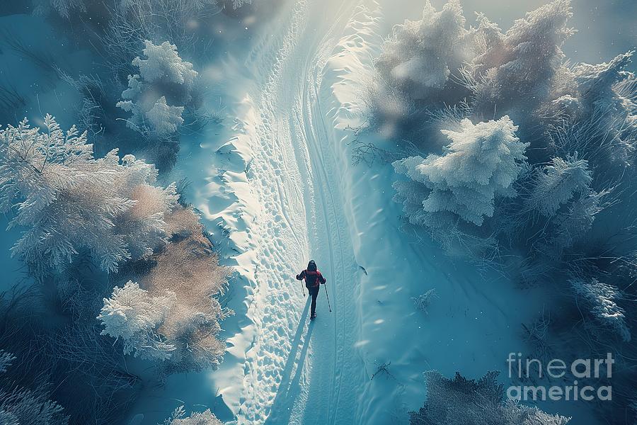 A young man does sports on a snowy path, aerial view. Photograph by Joaquin Corbalan