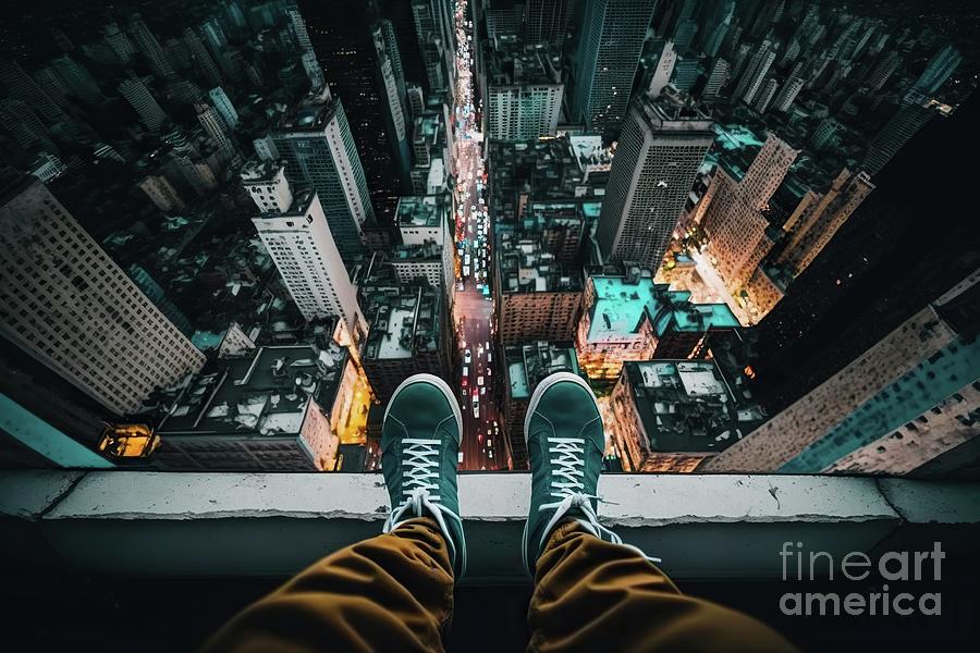 A young man steps on the edge of a window, a dangerous fall, ver ...