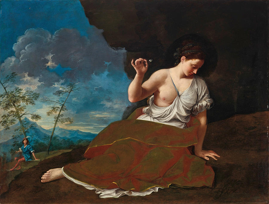 A young woman holding a flower reclining in a landscape, a young man in the distance beyond Painting by Donato Creti