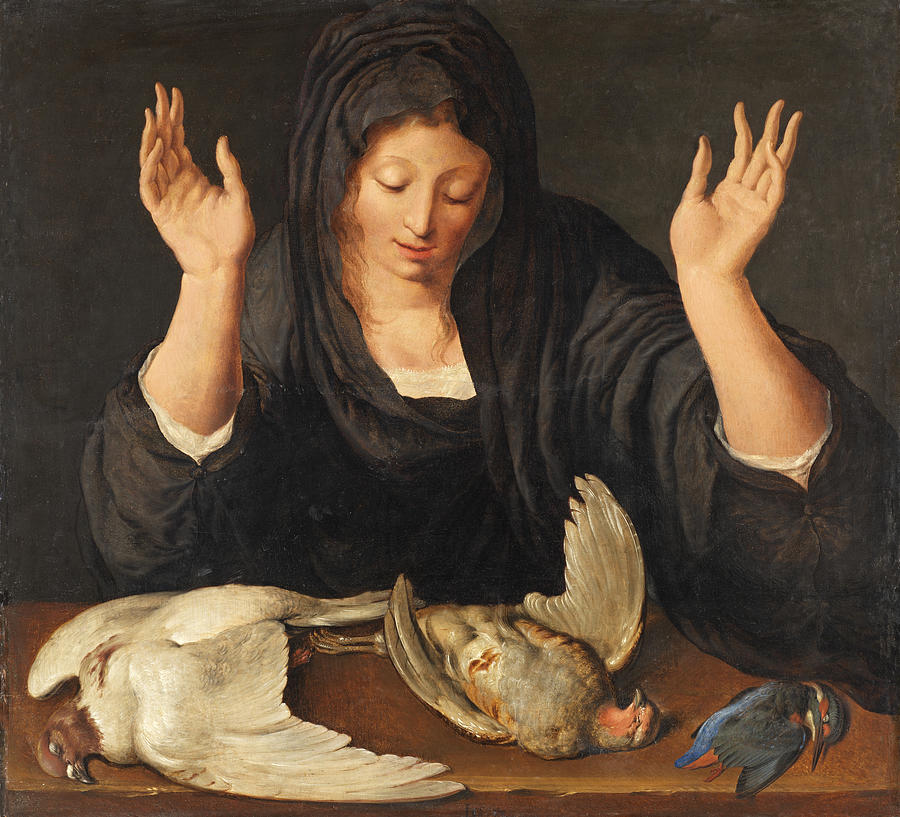 A young woman mourning a dead dove, a partridge, and a kingfisher Painting by Jacob de Gheyn II