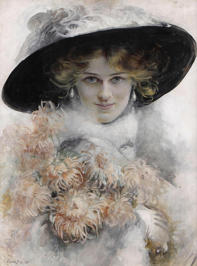 A young woman with an enigmatic smile is depicted wearing a large black hat adorned with feathers. S Painting by MotionAge Designs