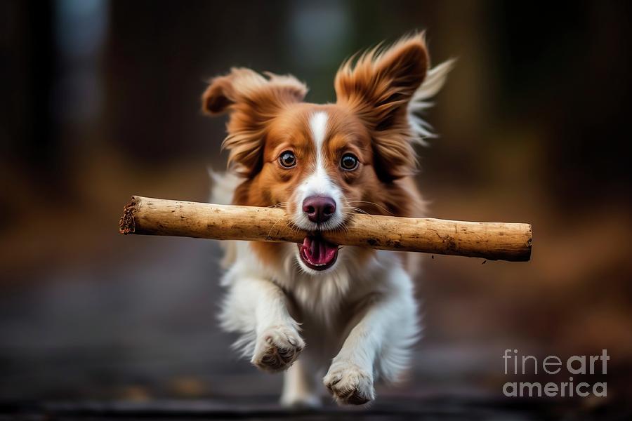A youthful and jovial dog runs towards the camera with a stick between its teeth. Photograph by Joaquin Corbalan