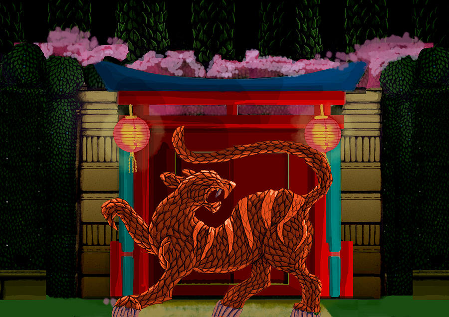 A3 Chinese Tiger Topiary Digital Art by Donna Huntriss