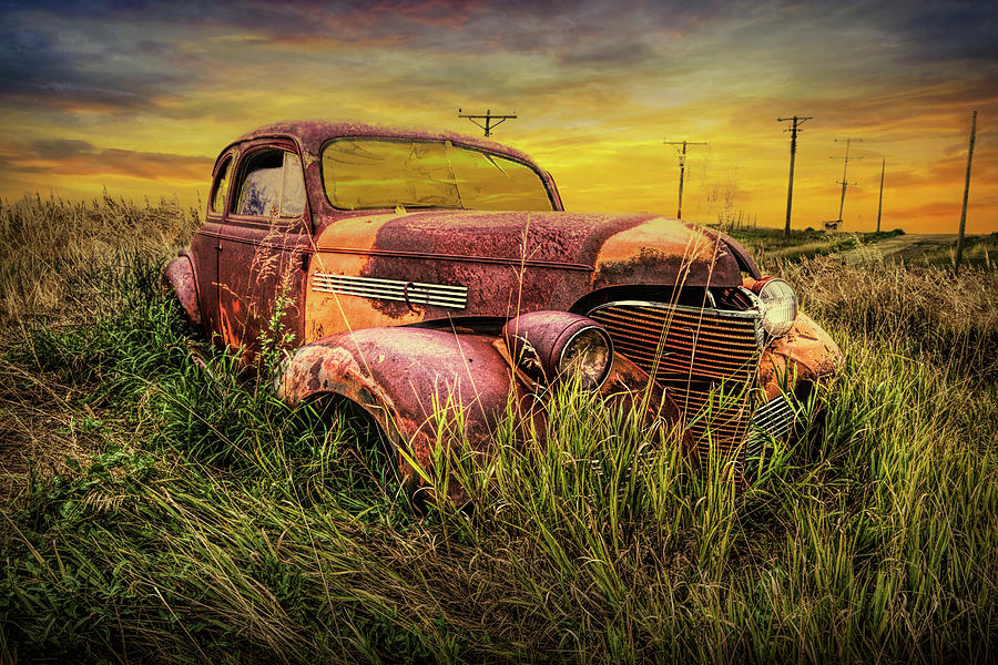 Abandoned Auto At Sunset On The Prairie Photograph