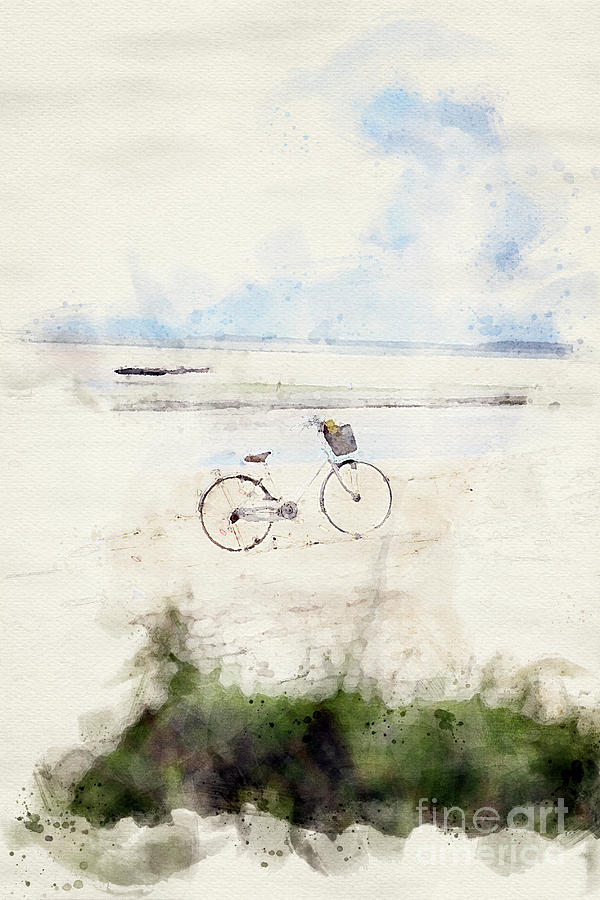Abandoned Bicycle On A Beach Watercolor Digital Art