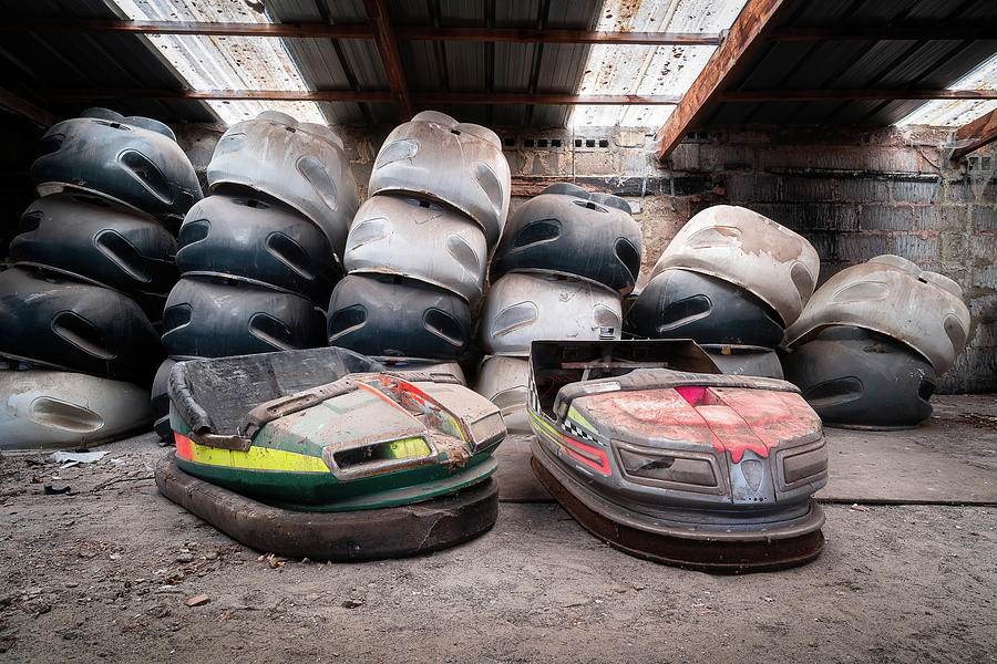 Abandoned Bumper Cars in Garage Photograph by Roman Robroek