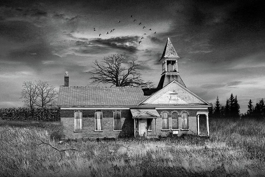 Abandoned East Holland Two Room Country School House in Black an Photograph by Randall Nyhof