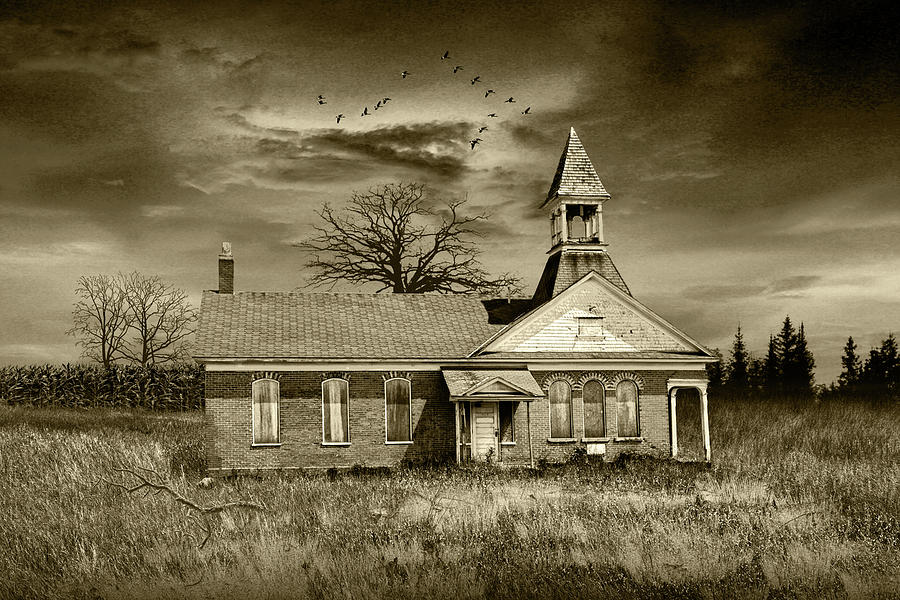 Abandoned East Holland Two Room Country School House in Sepia To Photograph by Randall Nyhof