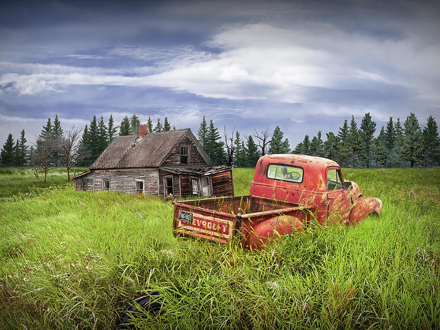 Abandoned Farm House and Red Pickup Truck in Rural Landscape Photograph ...