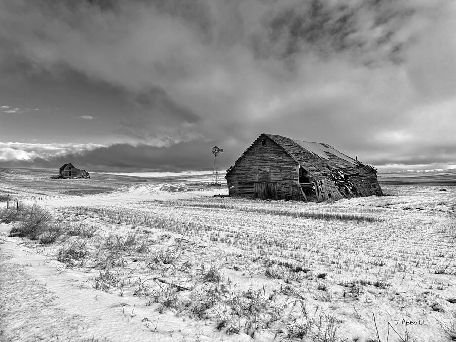 Abandoned Farm - Winter Storm Clouds bw Photograph by Jerry Abbott