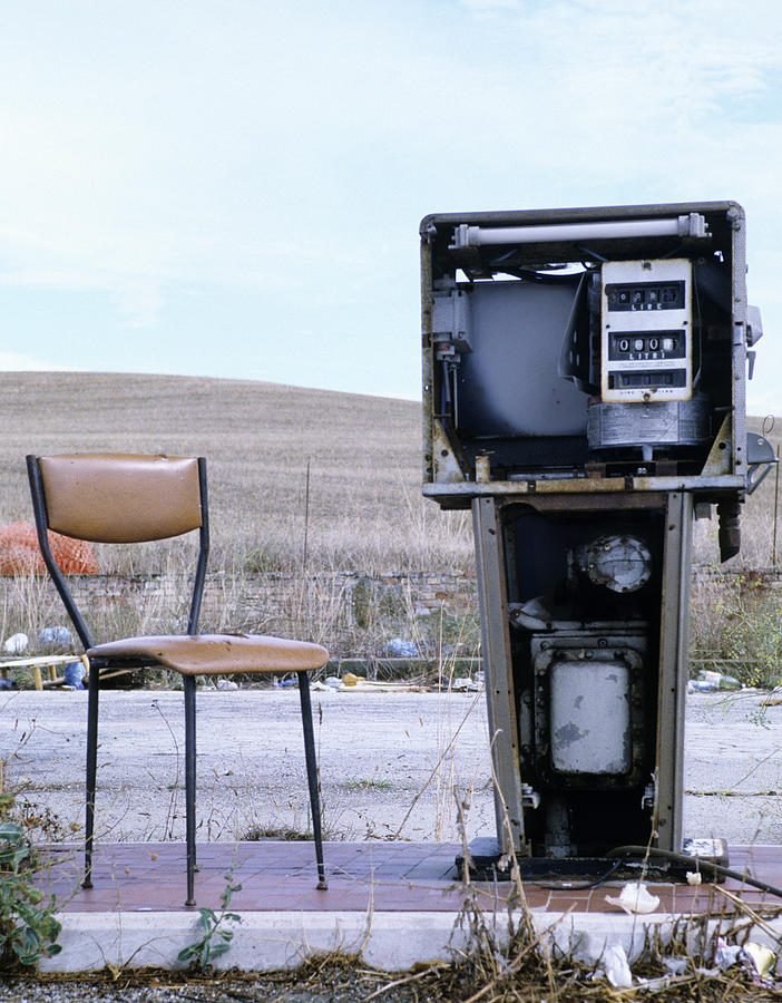 Abandoned Gas Station and Vintage Chair.Rural Scene Photograph by Lisa-Blue