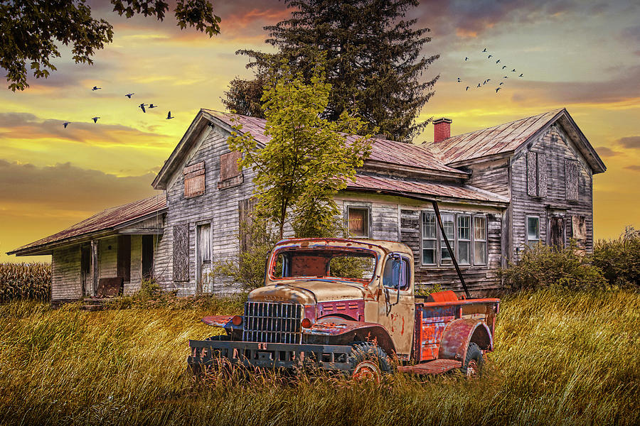 abandoned house on vintage truck