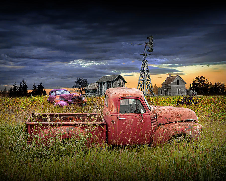 Abandoned Pickup and Auto with Rustic Wooden Barn with Windmill Photograph by Randall Nyhof