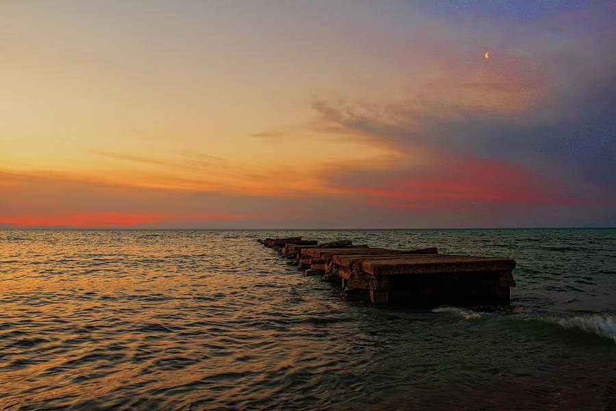 Lake Michigan Photograph - Abandoned Pier Under A Crescent Moon by Dale Kauzlaric