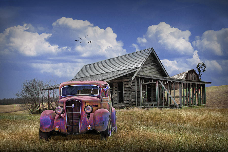 Abandoned Red Automobile and Farm under a Cloudy Blue Sky Photograph by Randall Nyhof