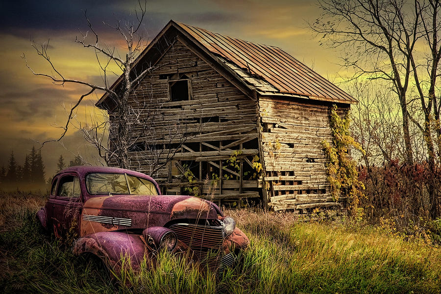 Abandoned Rusty Red Car with Weathered Barn in Americana Farm Sc Photograph by Randall Nyhof